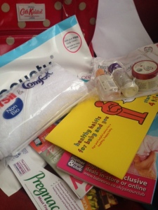 Maternity notes and freebies! I was only brave enough to put the hand gel in my bag- Max has since eaten the sudocrem pack...